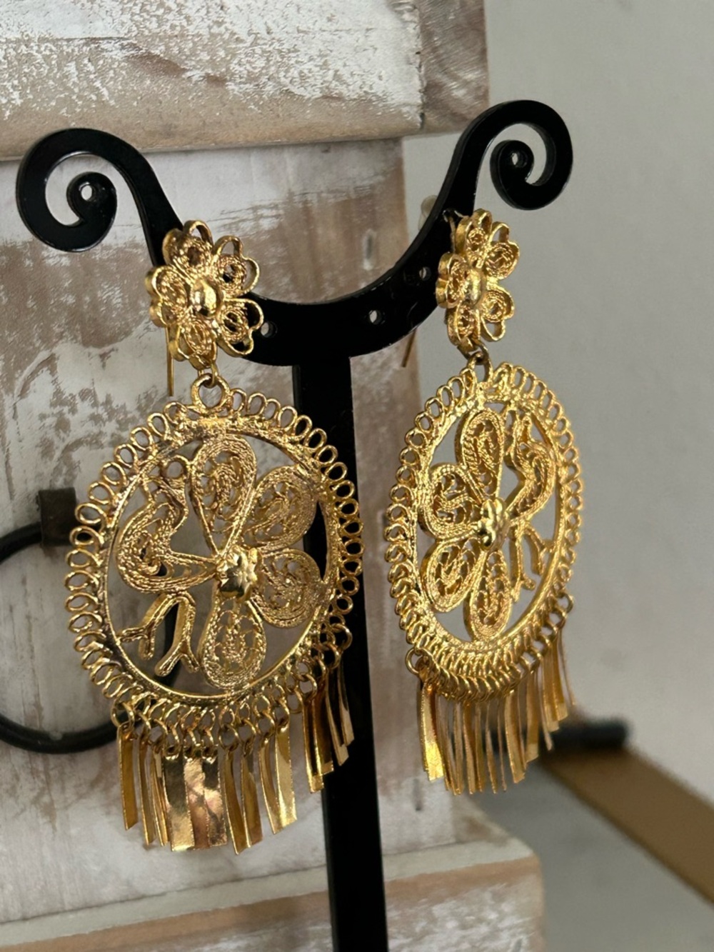 Gold Filigree Fringe Drop Earrings, Peacock Earrings, - Picture 3 of 4